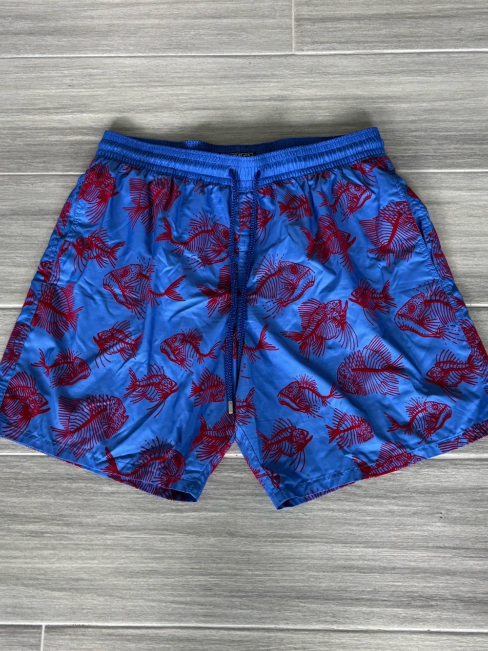 VILEBREQUIN Swim Trunks Board Shorts XXL Bright Blue Red Skeletal Fish Print